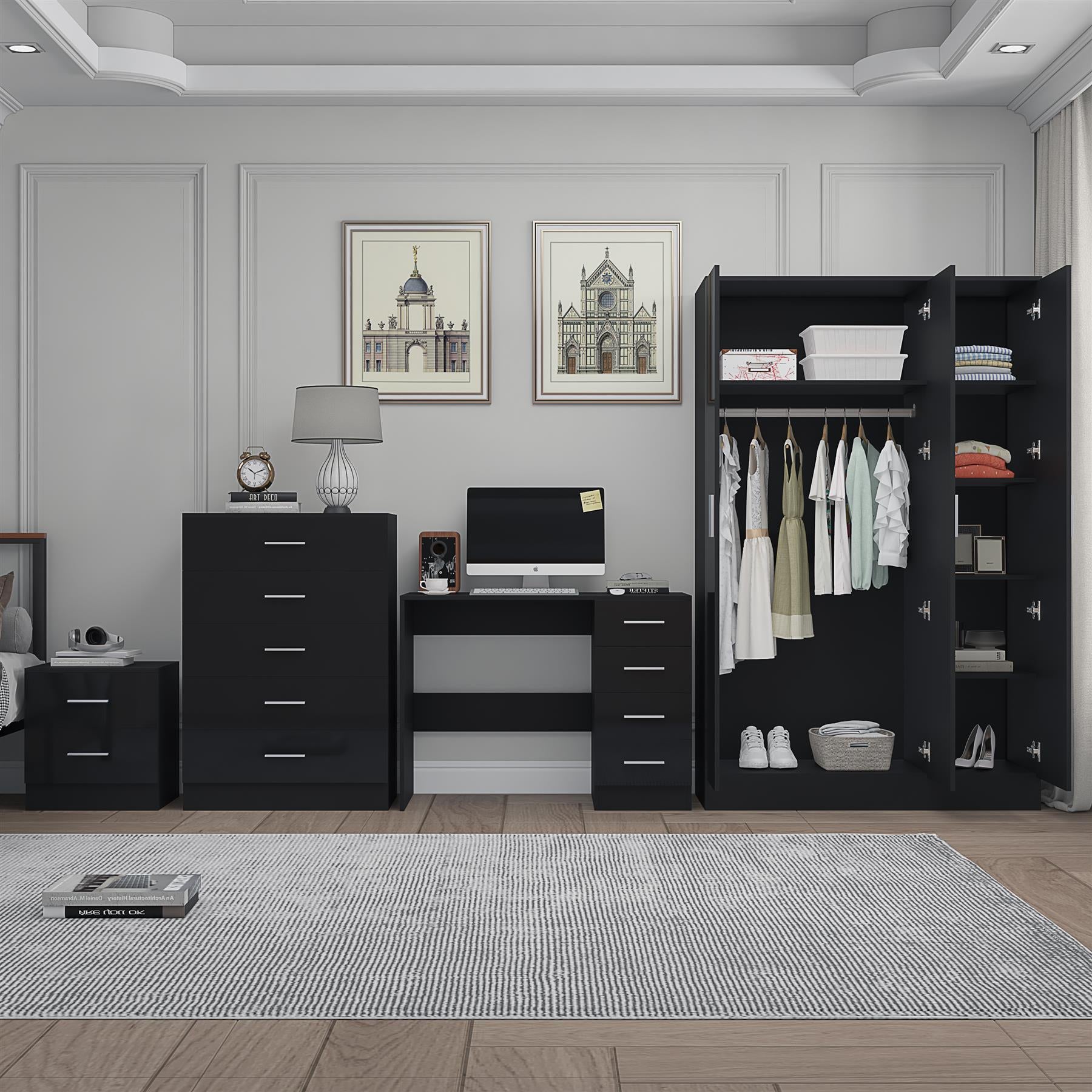 Reflect 3 Door Mirror Wardrobe, 5 Drawer Chest, 2 Drawer Bedside & Desk - Black Gloss & Black Oak - Modern Bedroom Furniture Set