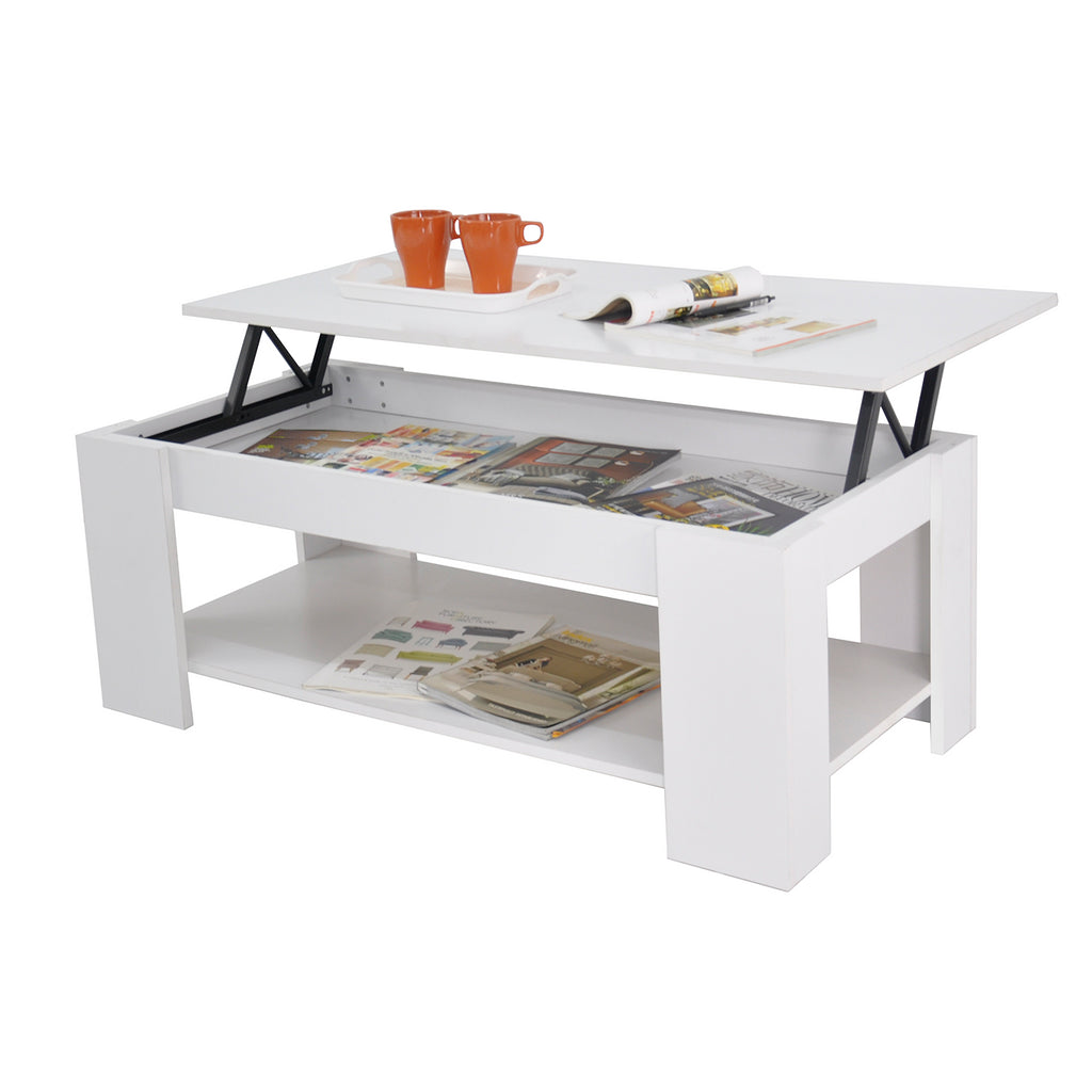 AMBIT White Lift-Up Storage Coffee Table with Shelf- Modern Living Room Furniture