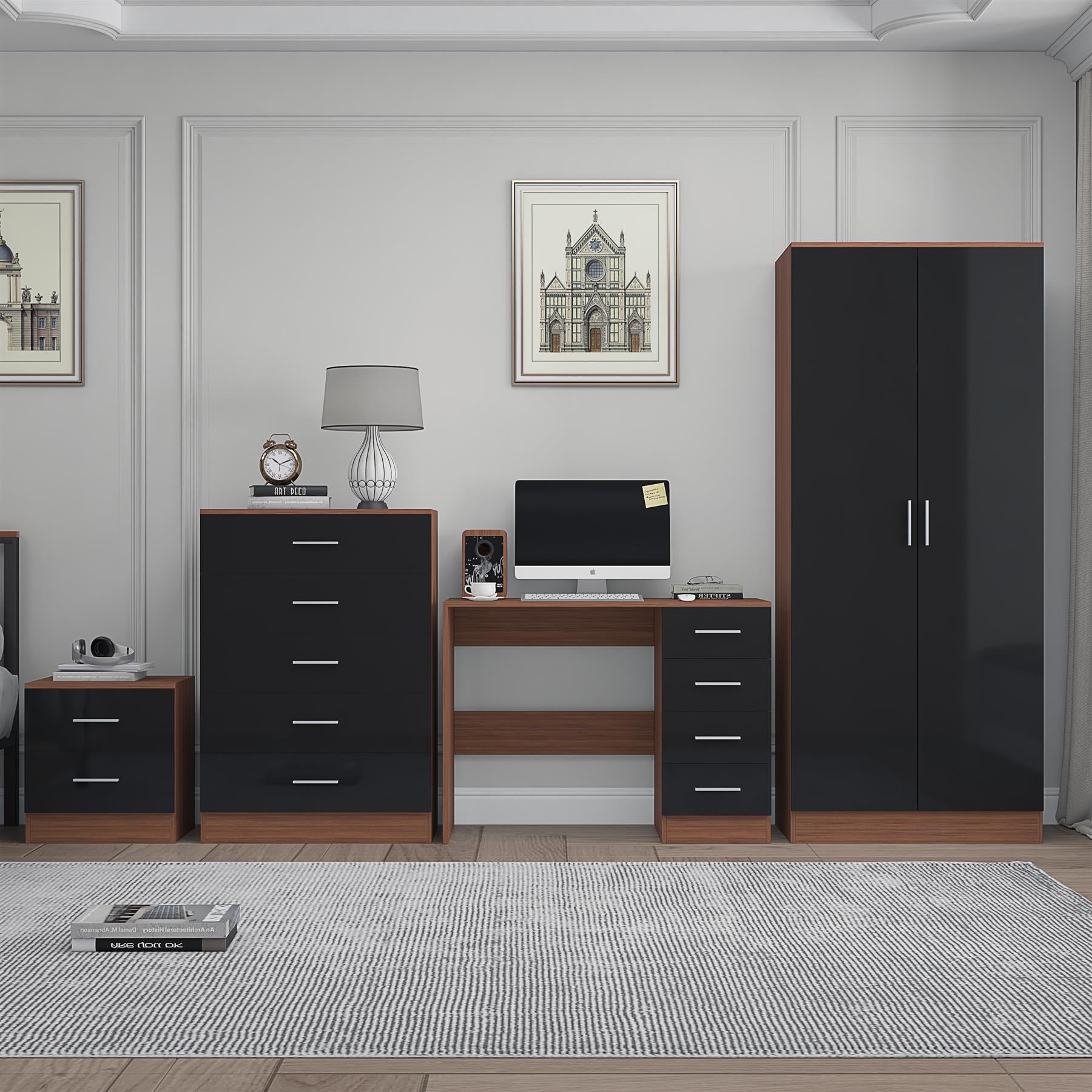 Reflect 2 Door Plain Wardrobe, 5 Drawer Chest, 2 Drawer Bedside & Desk - Black Gloss & Walnut - Modern Bedroom Furniture Set
