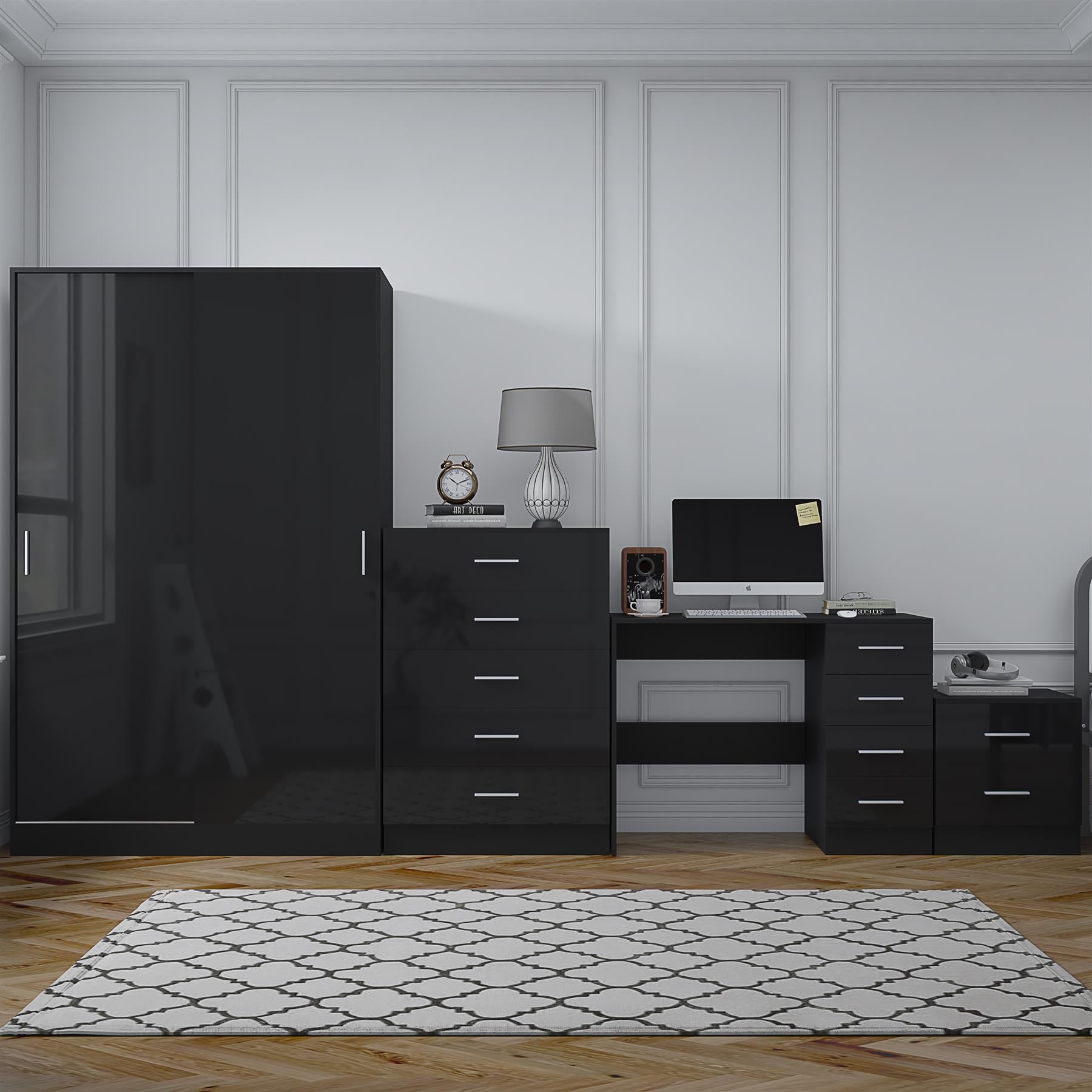 REFLECT Gloss 4pc Set - 2 Door Sliding Wardrobe + 5 Draw Chest + Bedside + Desk