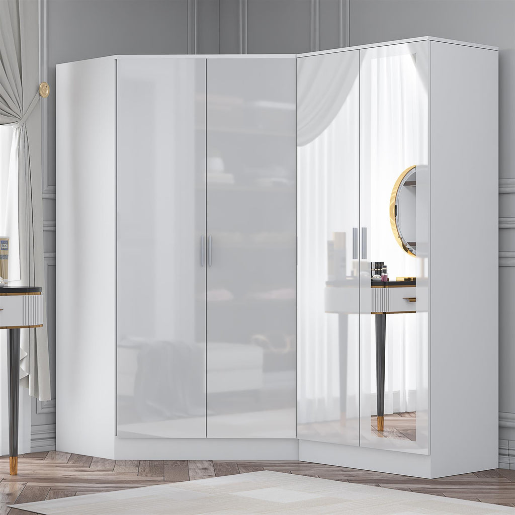 Reflect 2pc Wardrobe Bundle - 2 Door Corner + 2 Door Mirror - White Gloss & Matt White - H: 180cm x W: 179cm x D: 103cm