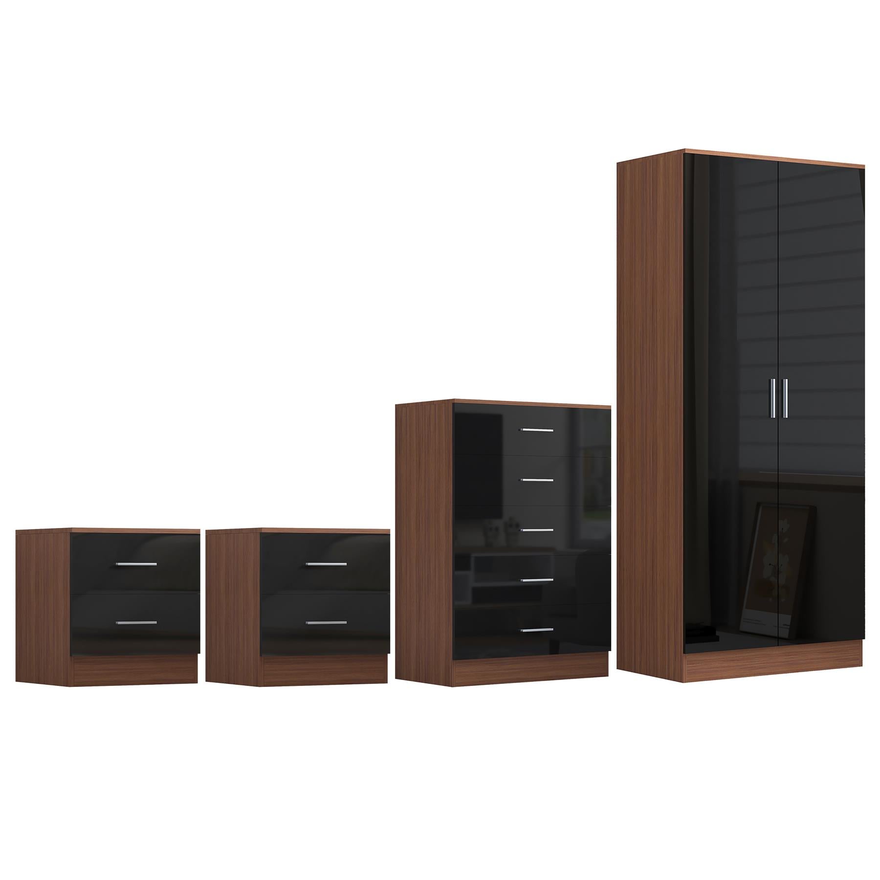 Reflect 2 Door Plain Wardrobe, 5 Drawer Chest, 2x 2 Drawer Bedsides - Black Gloss & Walnut - Modern Bedroom Furniture Set