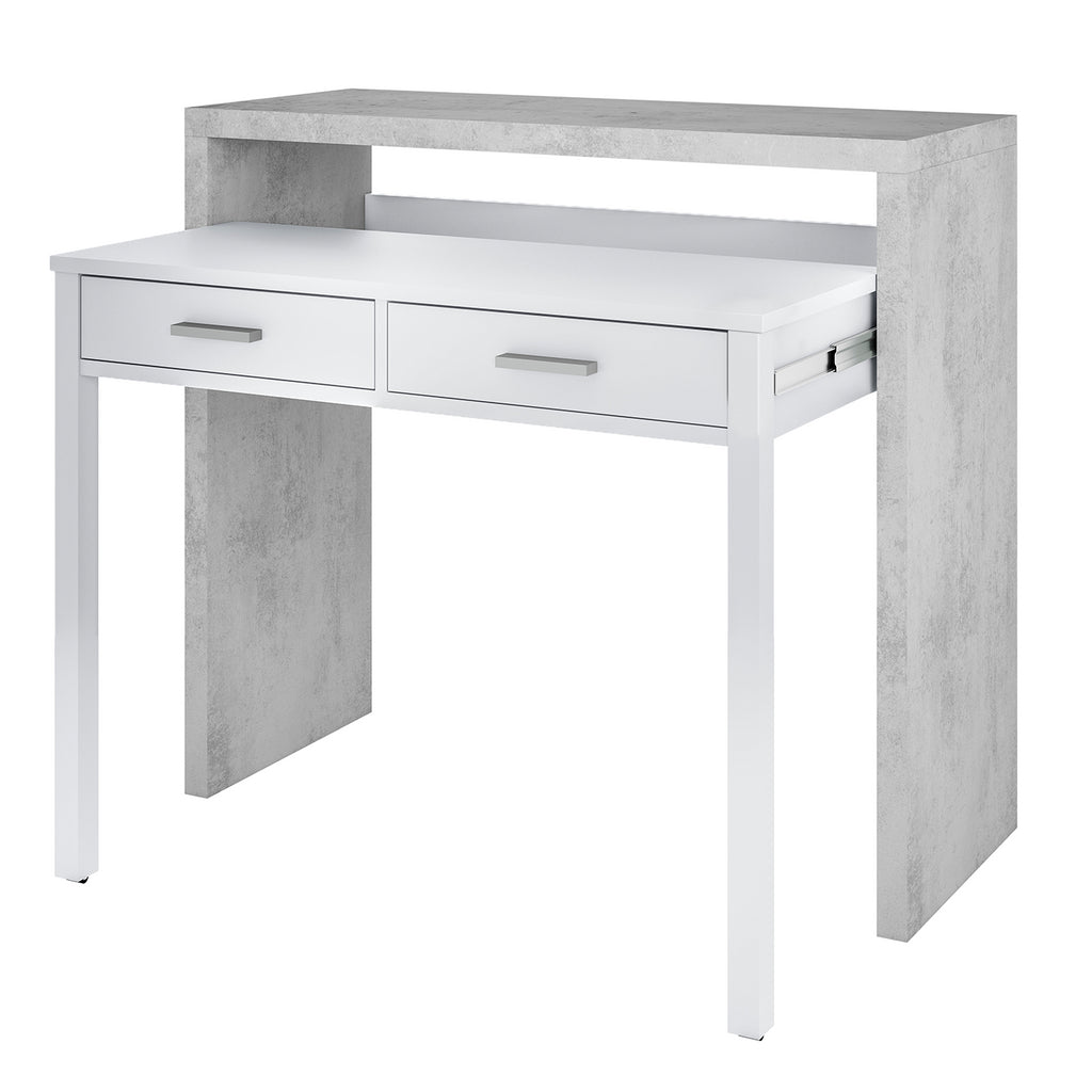 AMBRA Extending Computer Desk with 2 Storage Drawers - Home Office & Console Table for Bedroom, Living Room, Hallway - White/Grey.