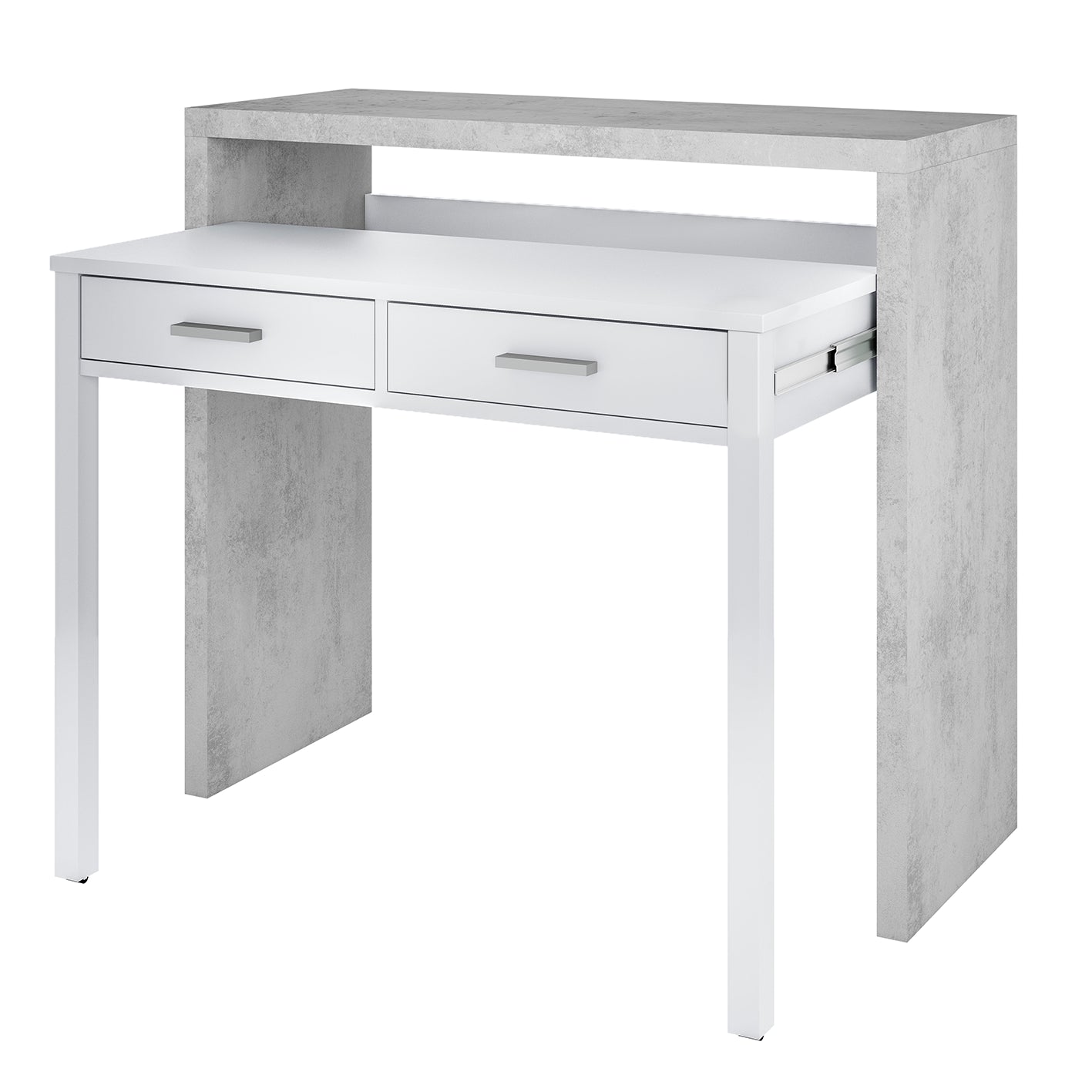 AMBRA Extending Computer Desk with 2 Storage Drawers - Home Office & Console Table for Bedroom, Living Room, Hallway - White/Grey.
