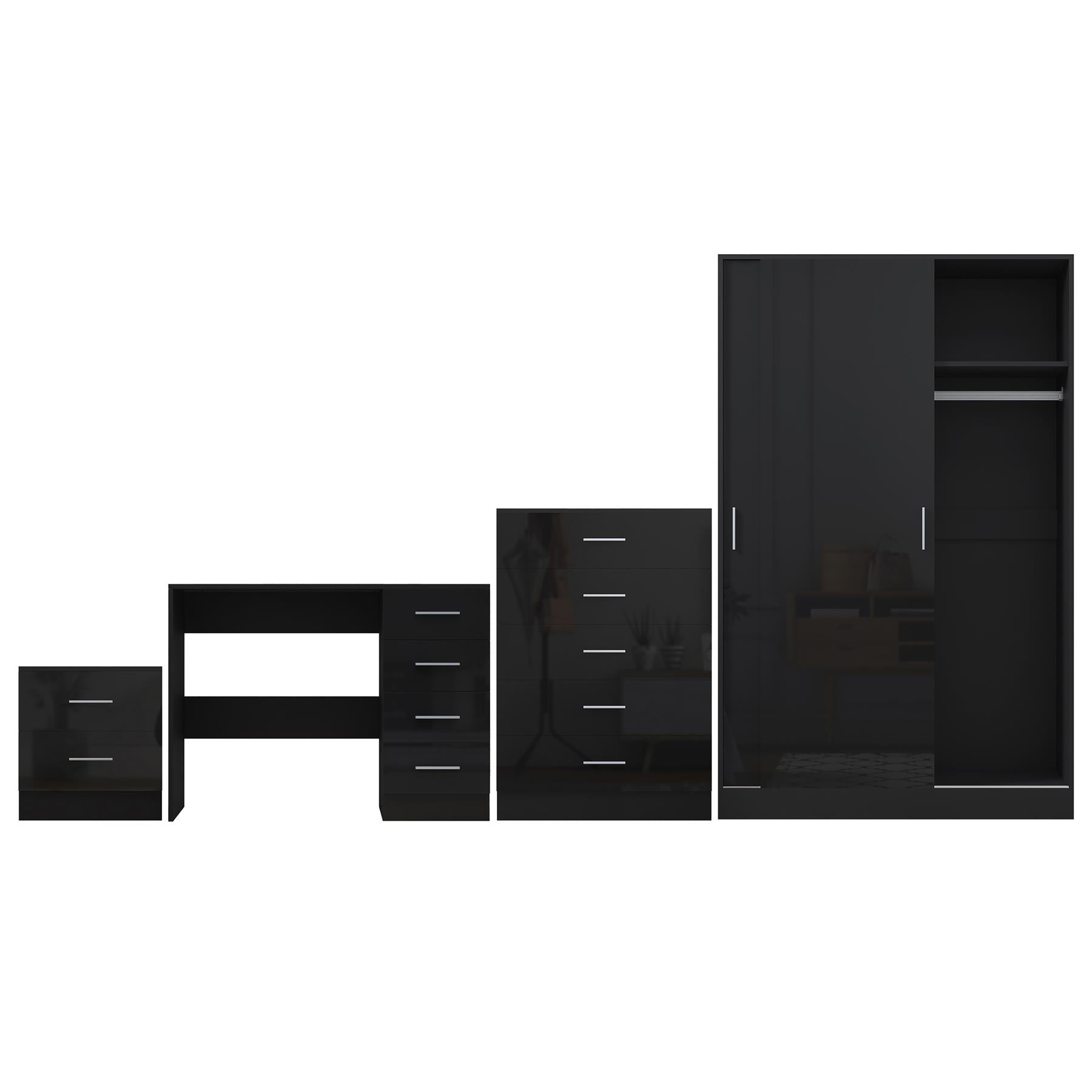 Reflect 2 Door Sliding Wardrobe, 5 Drawer Chest, 2 Drawer Bedside & Desk - Black Gloss & Black Oak - Modern Bedroom Furniture Set