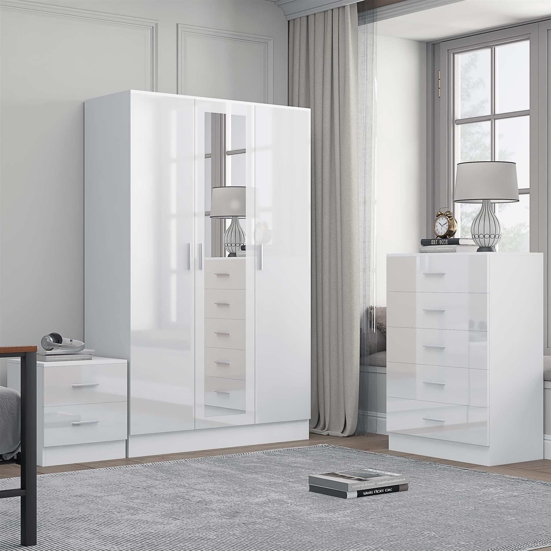 REFLECT Gloss 3pc Set - 3 Door Mirrored Wardrobe + 5 Draw Chest + Bedside