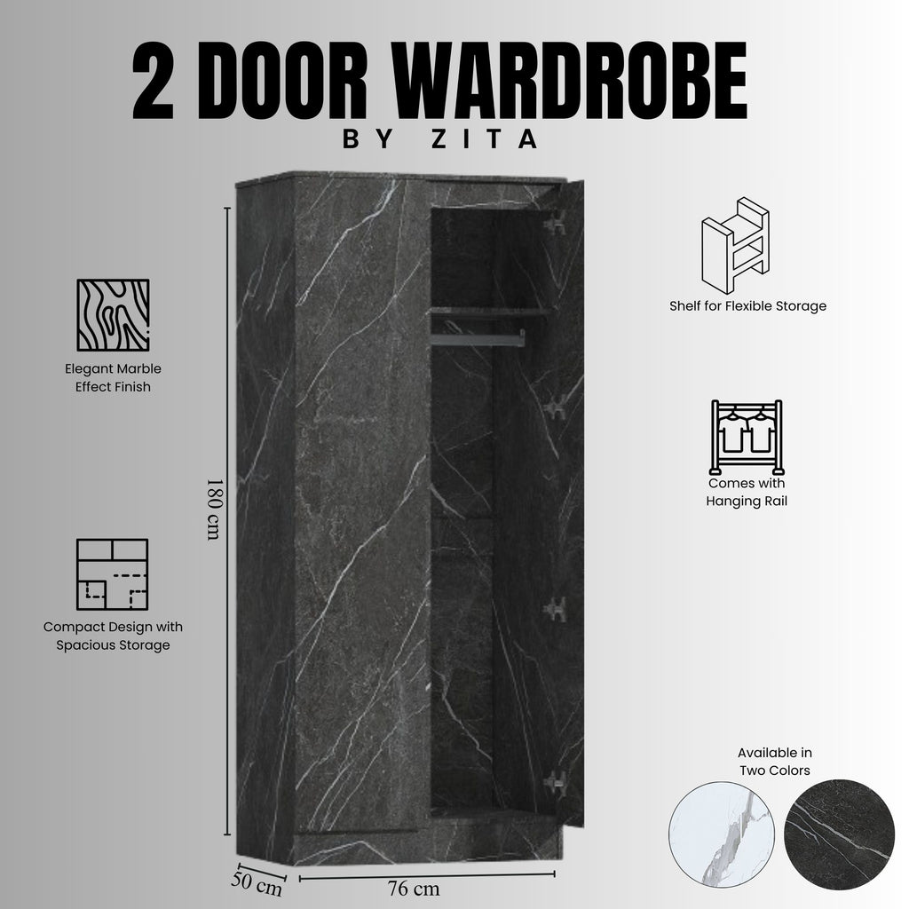 Zita 2 Door Wardrobe in Matt Charcoal Grey Marble Effect Perfect Storage Unit For Your Bedroom