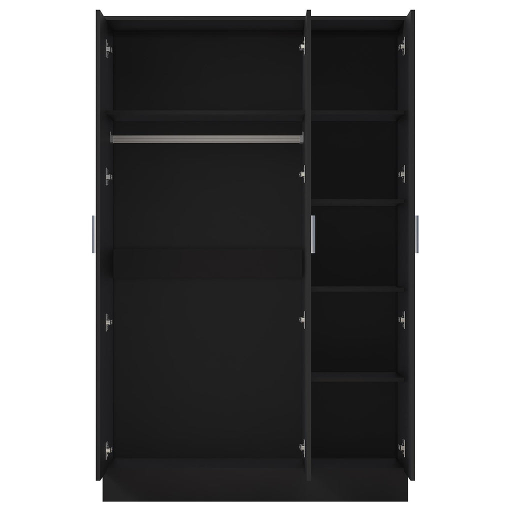 Reflect 3 Door Mirror Wardrobe - Black Gloss & Black Oak - Hanging Rail & 4 Shelves- H: 180cm x W: 113cm x D: 47cm - Modern Design