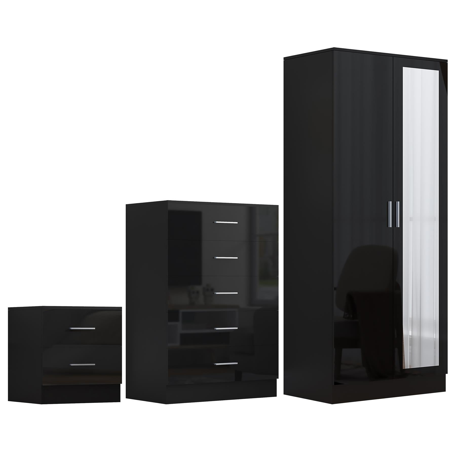 Reflect 2 Door Mirror Wardrobe, 5 Drawer Chest, 2 Drawer Bedside - Black Gloss & Black Oak - Modern Bedroom Furniture Set