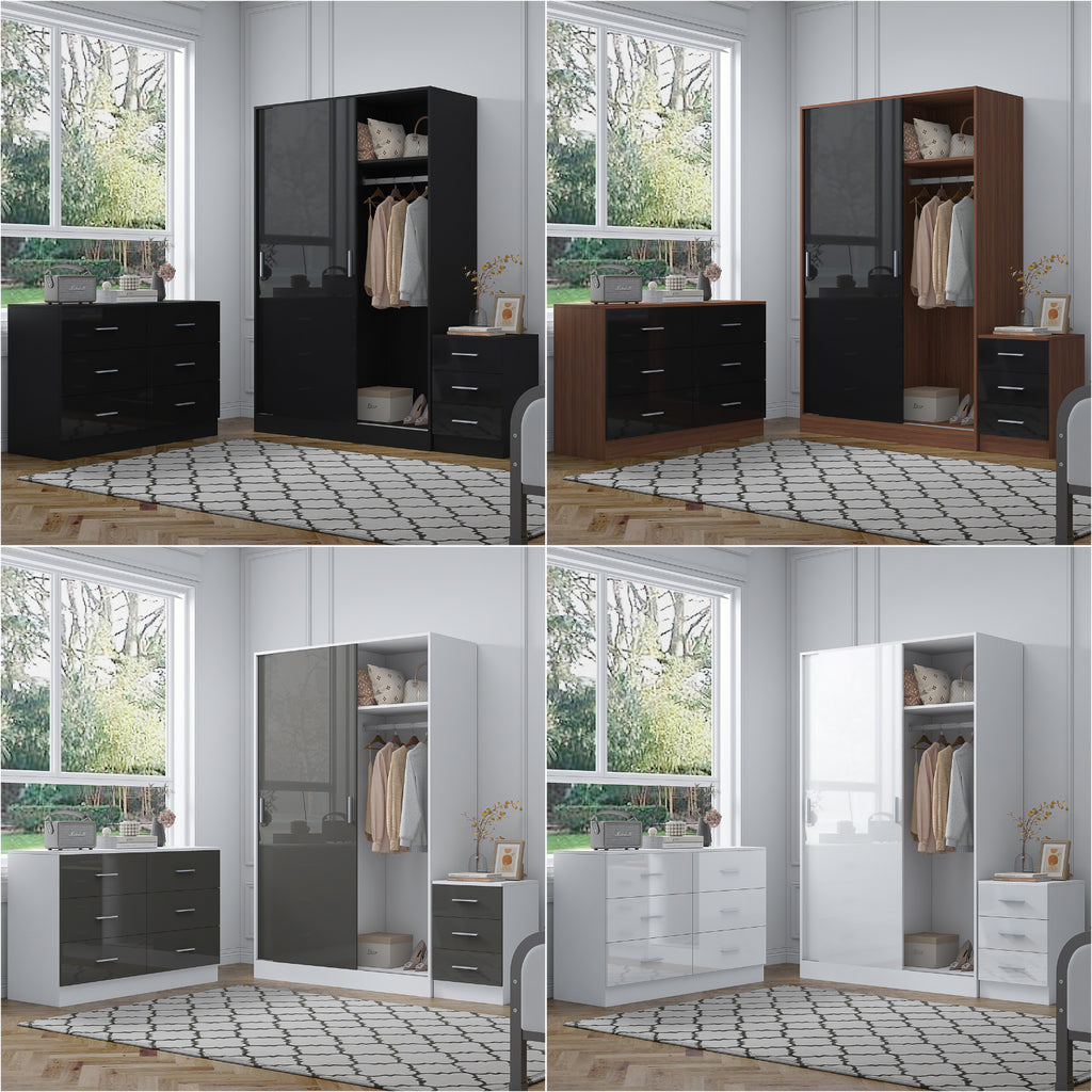 REFLECT Gloss 3pc Set - 2 Door Sliding Wardrobe + Wide Chest + Tall Bedside