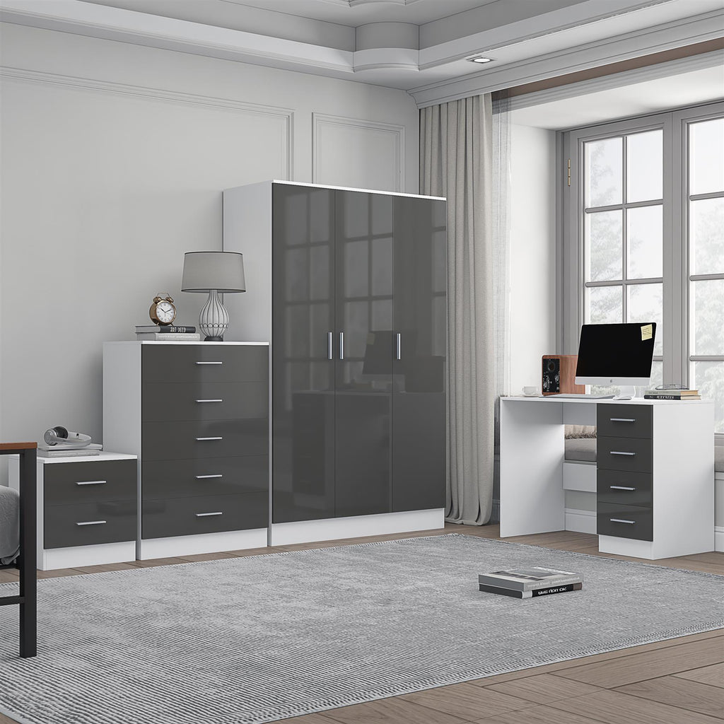 Reflect 3 Door Plain Wardrobe, 5 Drawer Chest, 2 Drawer Bedside & Desk - Grey Gloss & Matt White - Modern Bedroom Furniture Set