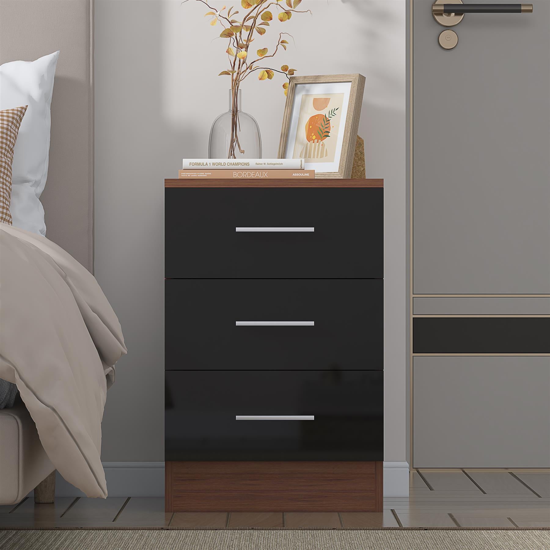 Reflect 3 Drawer Bedside - Black Gloss & Walnut - Modern Nightstand for Bedroom Storage - H: 59.5cm x W: 39.5cm x D: 38cm