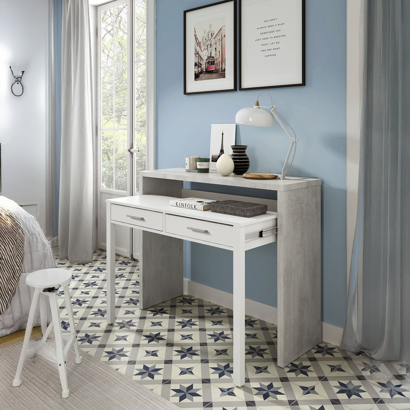AMBRA Extending Computer Desk with 2 Storage Drawers - Home Office & Console Table for Bedroom, Living Room, Hallway - White/Grey.