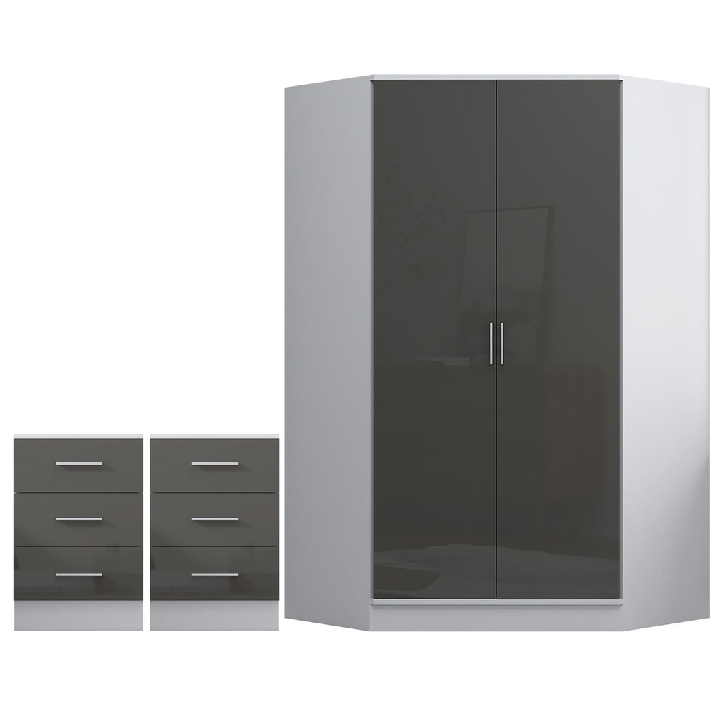 REFLECT - 2 Door CORNER + 2x 3 Drawer Bedside - Gloss Grey / Matt White