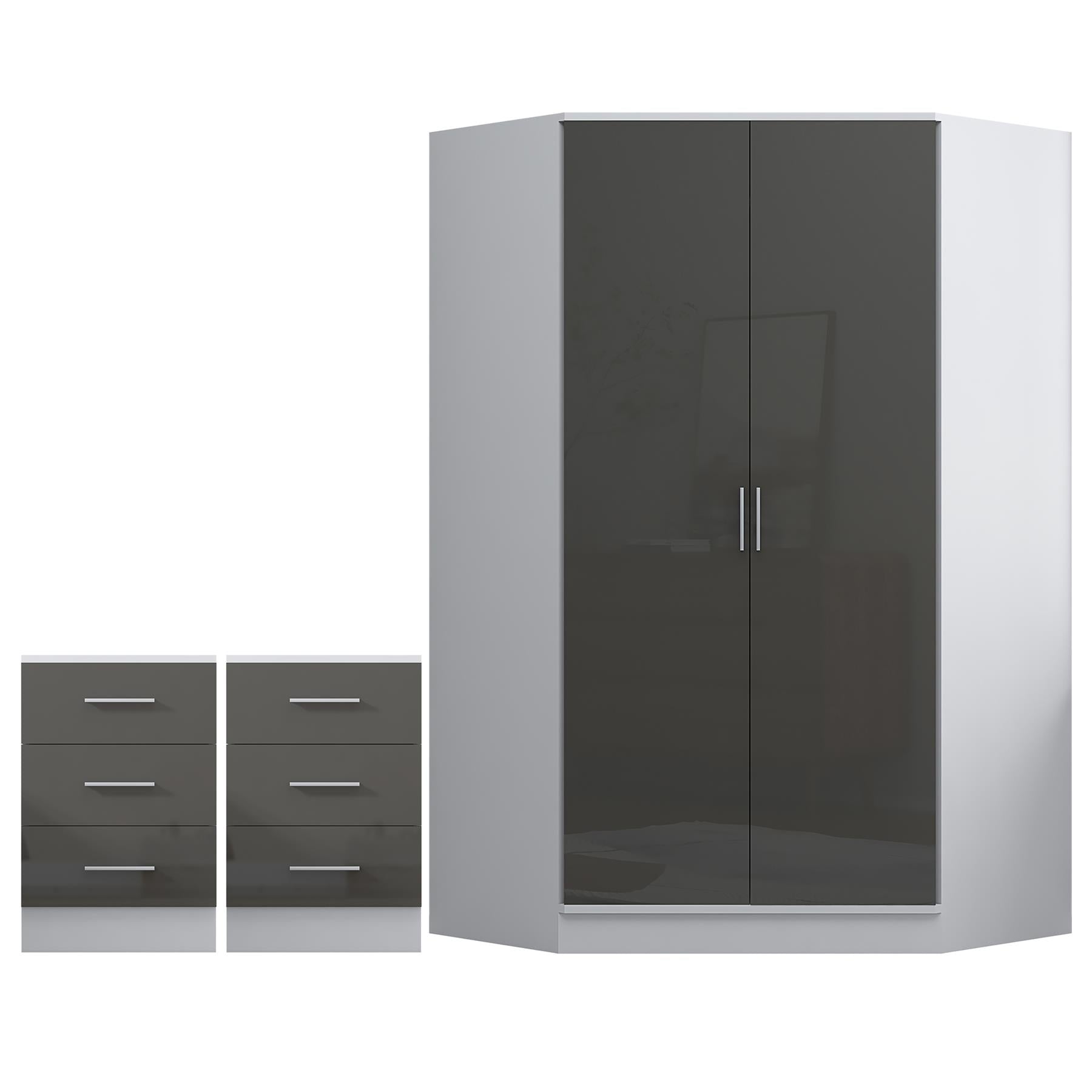 REFLECT - 2 Door CORNER + 2x 3 Drawer Bedside - Gloss Grey / Matt White