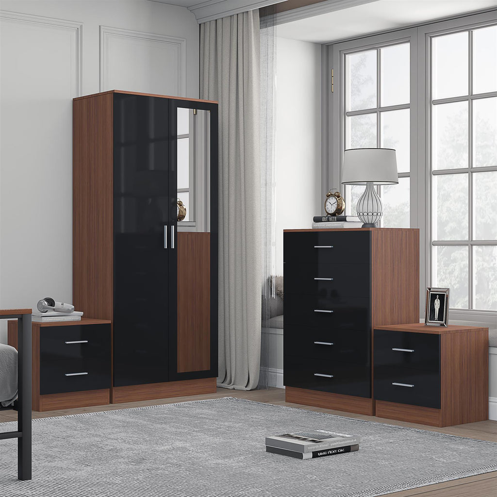 Reflect 2 Door Mirror Wardrobe, 5 Drawer Chest, 2x 2 Drawer Bedsides - Black Gloss & Walnut - Modern Bedroom Furniture Set
