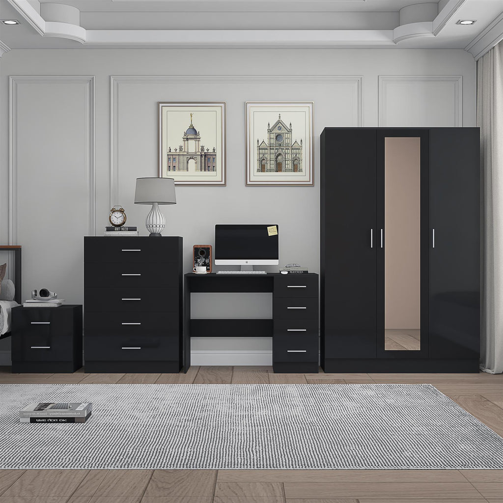 Reflect 3 Door Mirror Wardrobe, 5 Drawer Chest, 2 Drawer Bedside & Desk - Black Gloss & Black Oak - Modern Bedroom Furniture Set