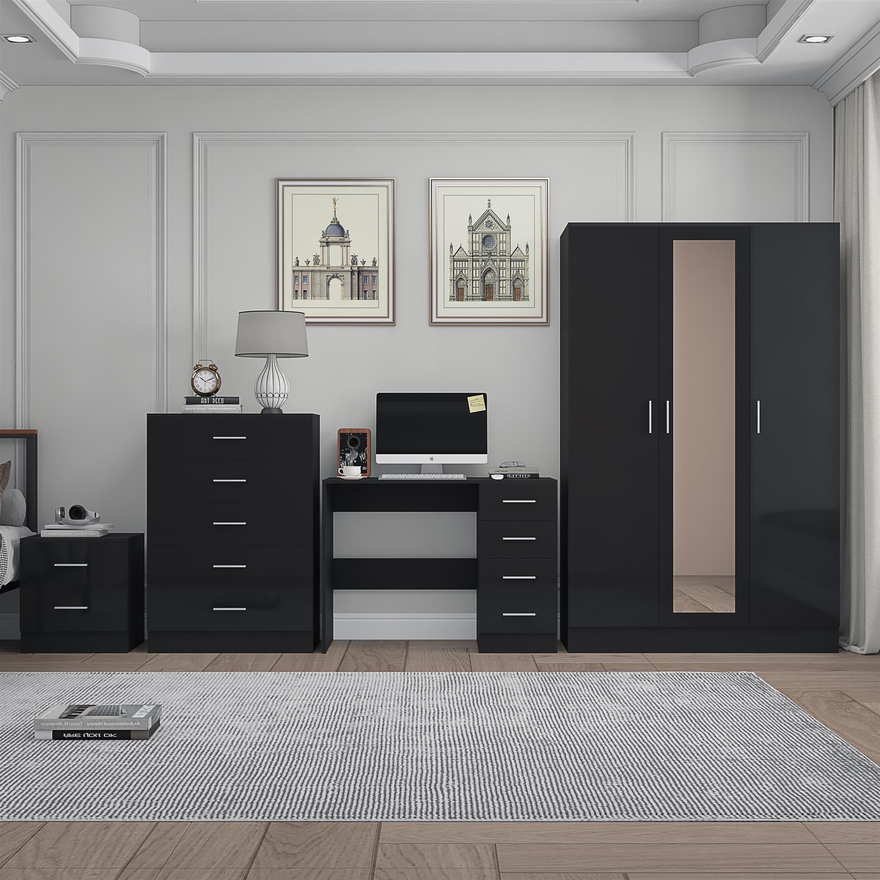 Reflect 3 Door Mirror Wardrobe, 5 Drawer Chest, 2 Drawer Bedside & Desk - Black Gloss & Black Oak - Modern Bedroom Furniture Set