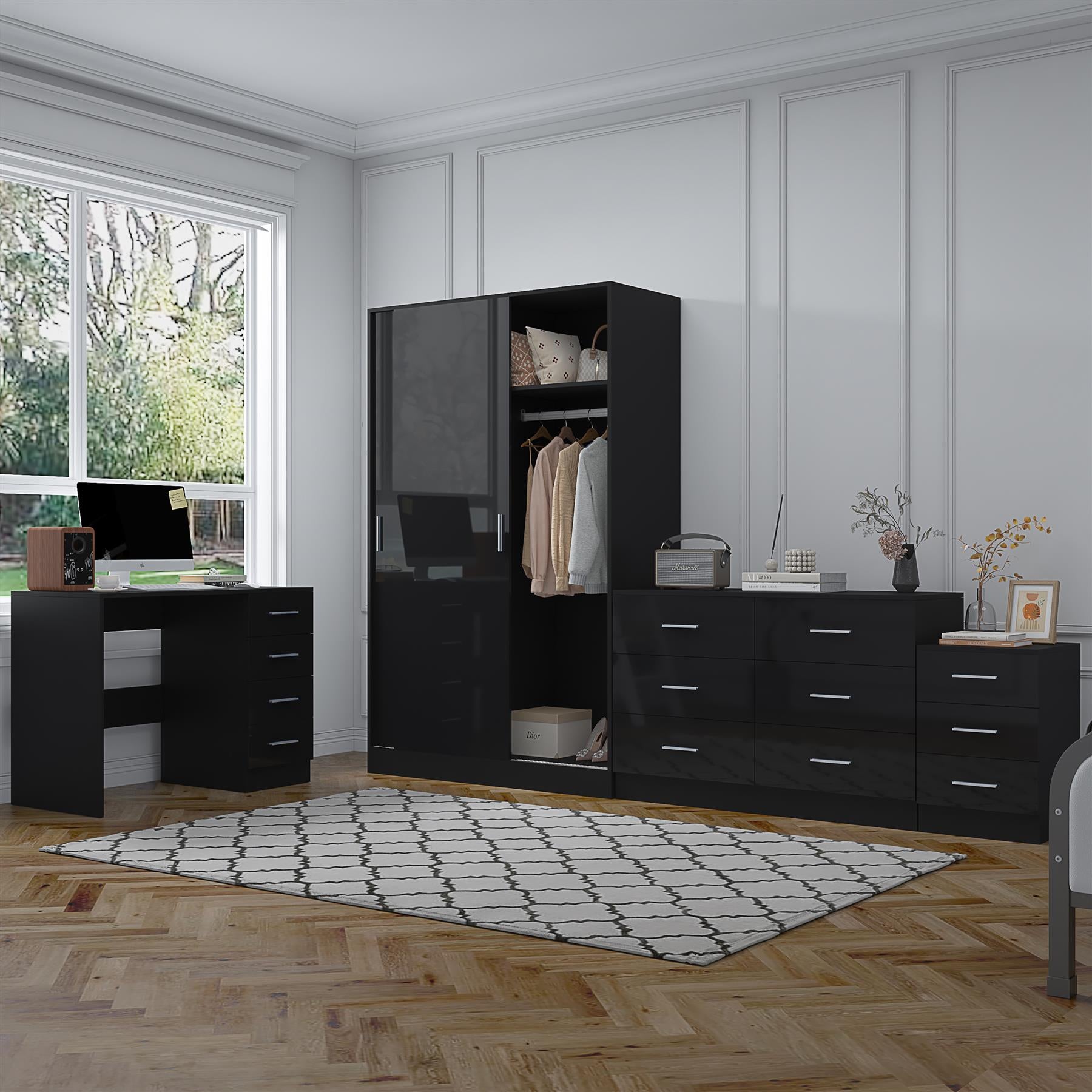 REFLECT Gloss 4pc Set - 2 Door Sliding Wardrobe + Wide Chest + Bedside + Desk.
