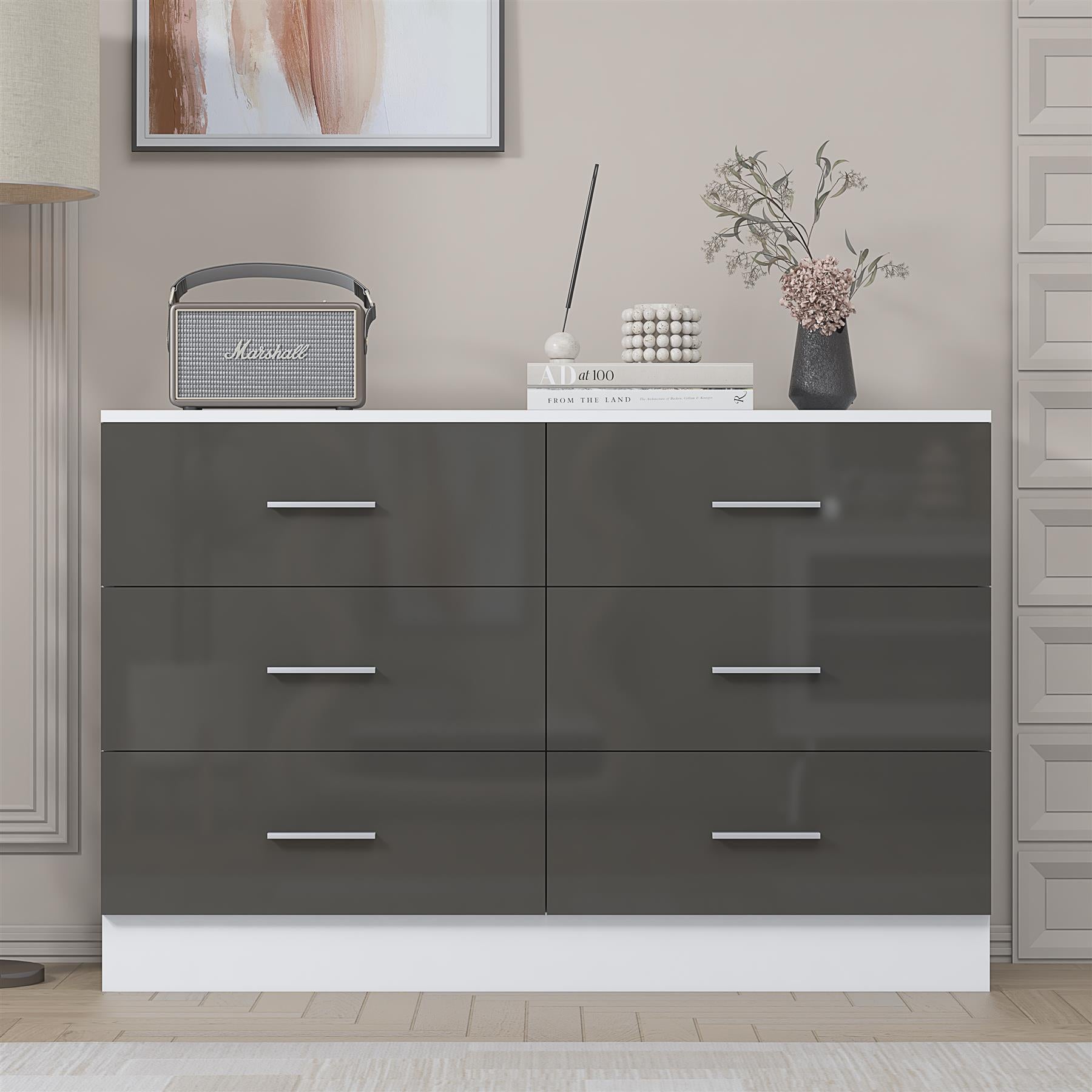 REFLECT Gloss Bedroom Furniture Wide 6 Drawer Chest of Drawers - 4 Colour Option