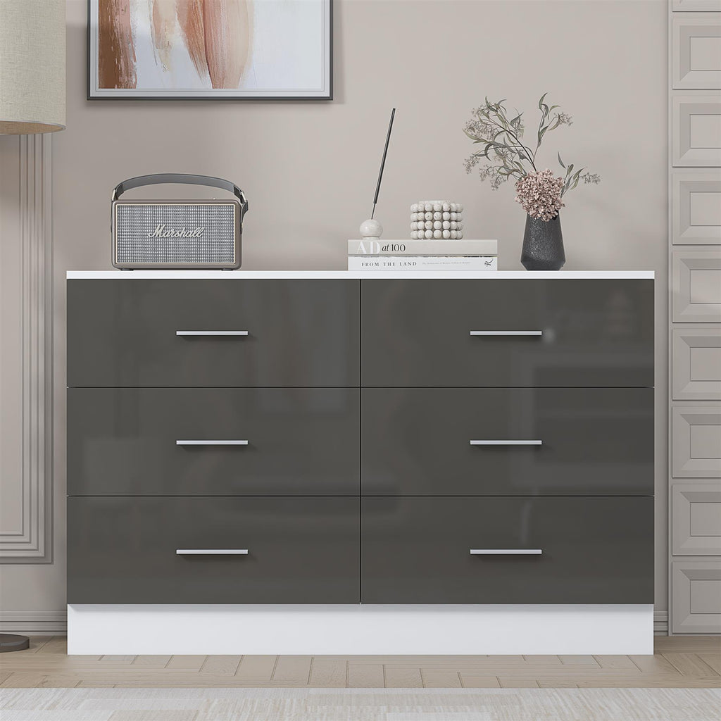 Reflect Wide 6 Drawer Chest - Grey Gloss & Matt White - Modern Bedroom Storage Unit with Drawers - H: 75cm x W: 112cm x D: 40cm