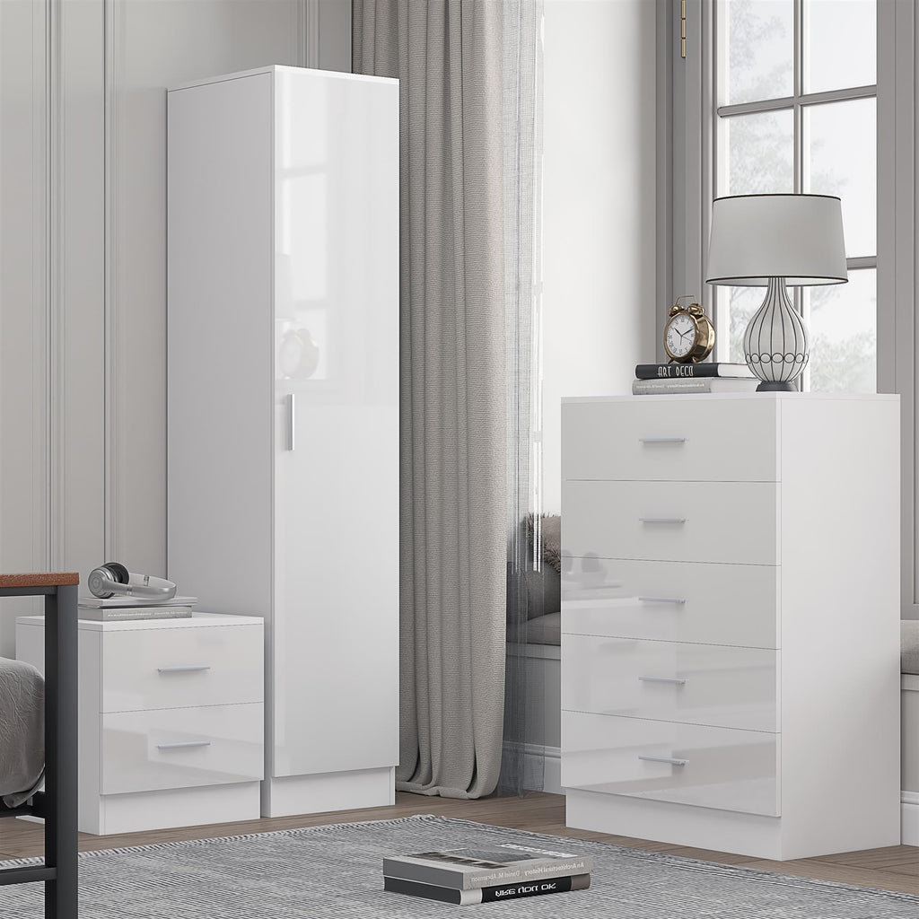 Reflect 1 Door Plain Wardrobe, 5 Drawer Chest, 2 Drawer Bedside - White Gloss & Matt White - Bedroom Furniture Set