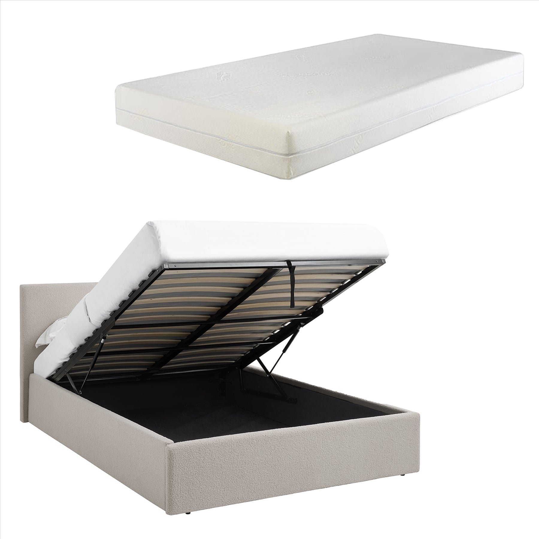 TEDDY BOUCLE 4FT Small Double Beige Ottoman Storage Bed Gas Lift Up - (L) 203cm x (W) 138cm with 25cm Memory Foam Mattress