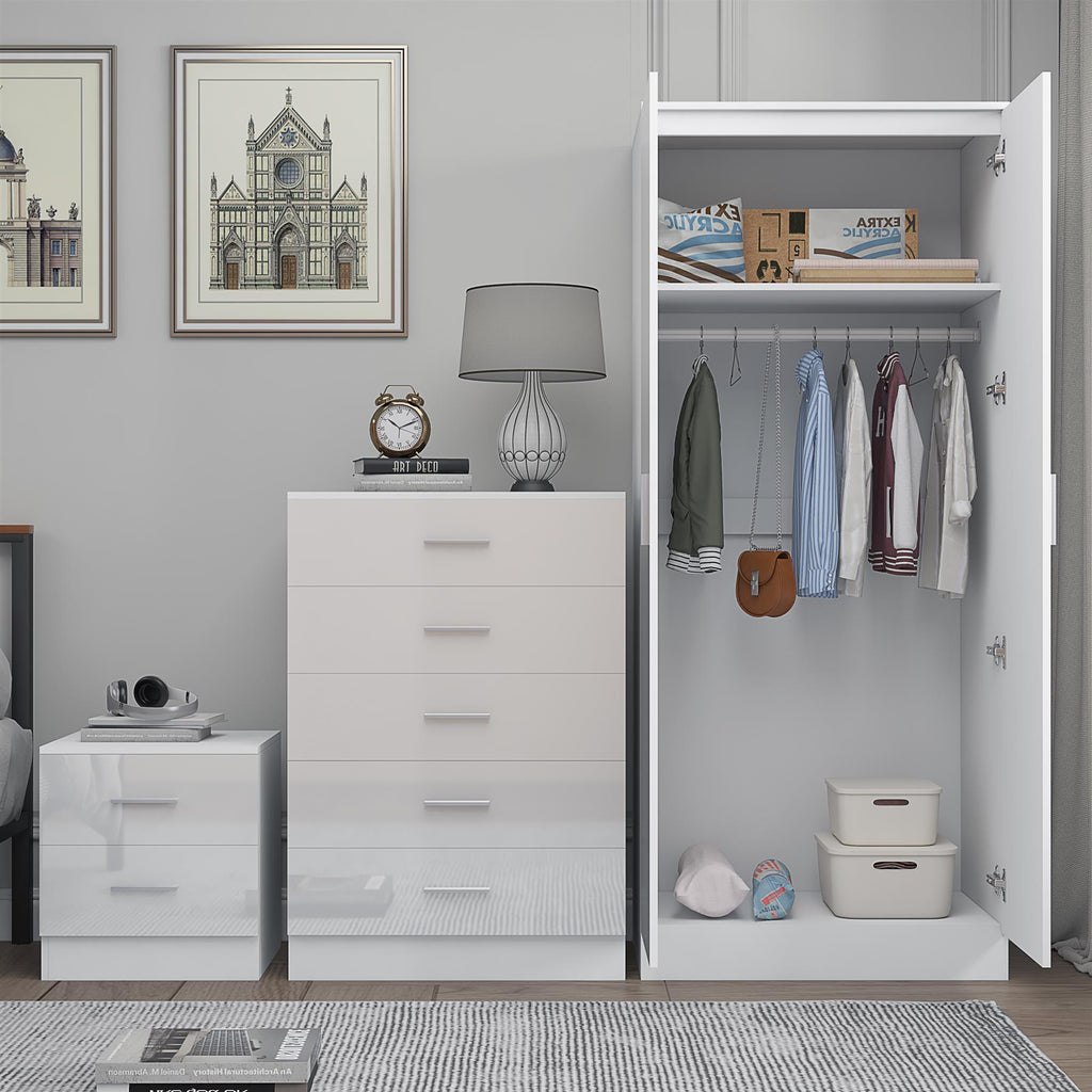 Reflect 2 Door Mirror Wardrobe, 5 Drawer Chest, 2 Drawer Bedside - White Gloss & Matt White - Modern Bedroom Furniture Set