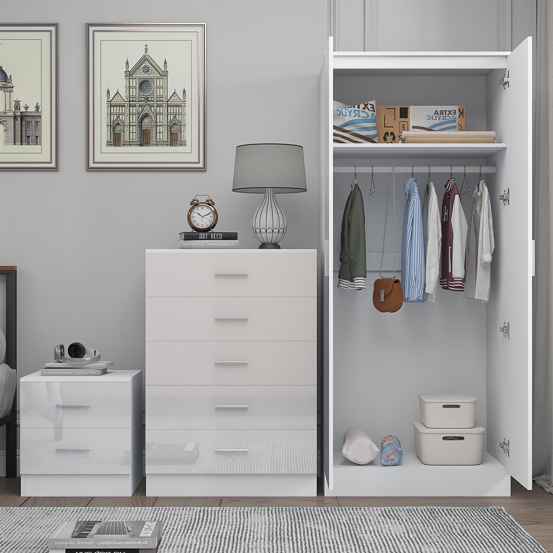 Reflect 2 Door Mirror Wardrobe, 5 Drawer Chest, 2 Drawer Bedside - White Gloss & Matt White - Modern Bedroom Furniture Set
