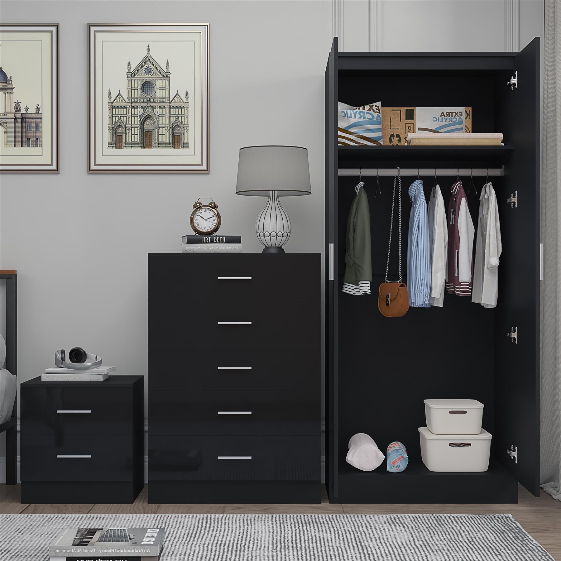 Reflect 2 Door Mirror Wardrobe, 5 Drawer Chest, 2 Drawer Bedside - Black Gloss & Black Oak - Modern Bedroom Furniture Set