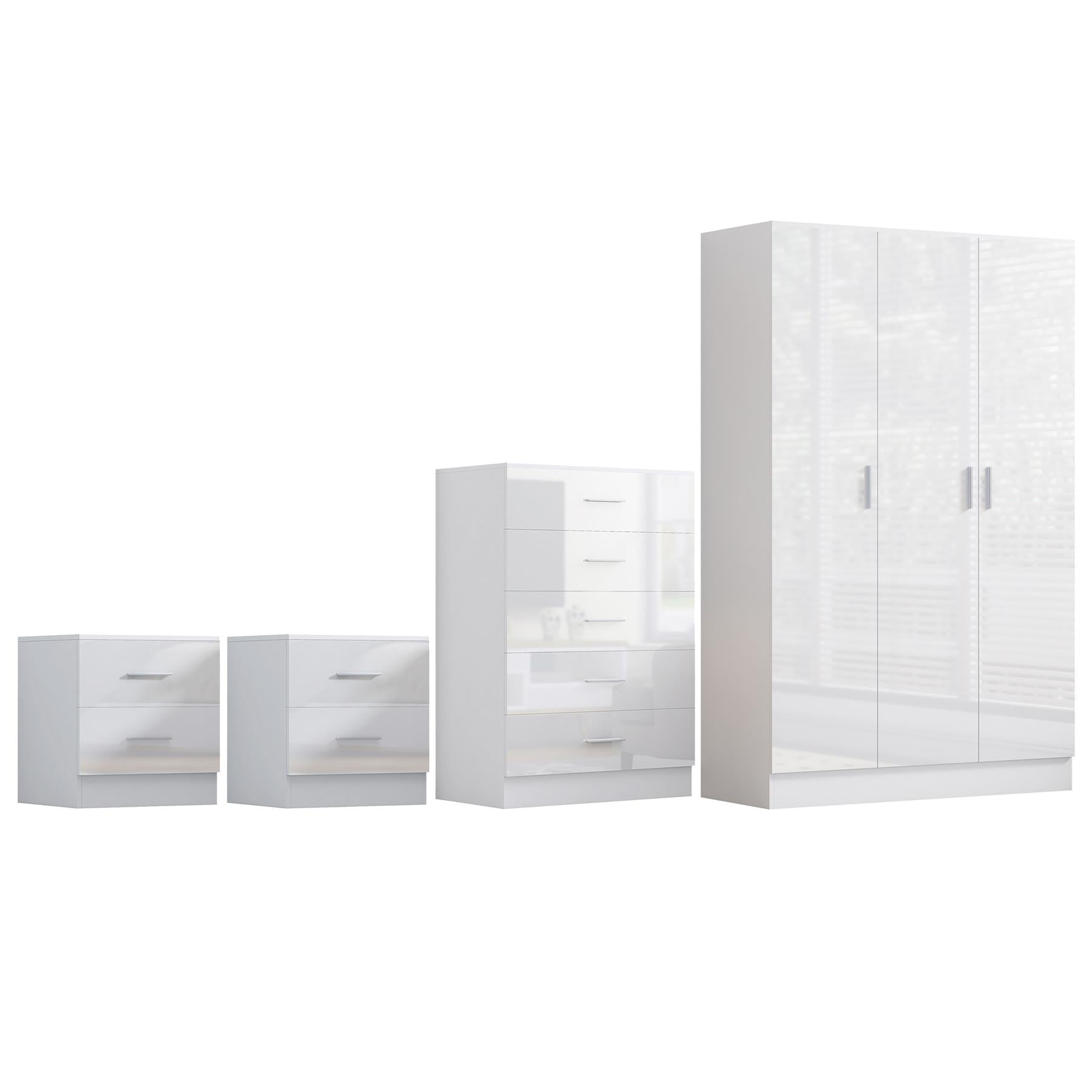 REFLECT Gloss 4pc Bedroom Set - 3 Door Wardrobe + 5 Draw Chest + 2 Bedsides