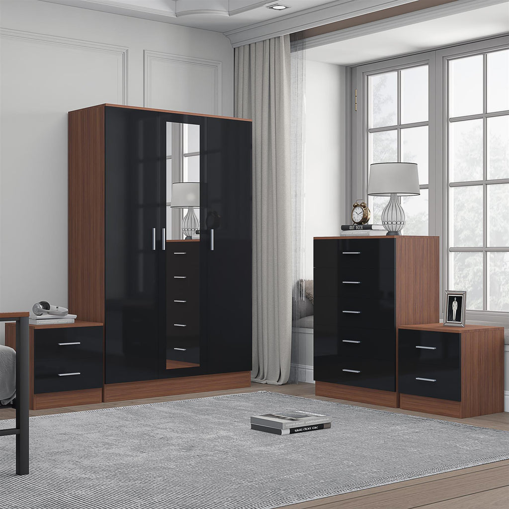 Reflect 3 Door Mirror Wardrobe, 5 Drawer Chest, 2x 2 Drawer Bedsides - Black Gloss & Walnut - Modern Bedroom Furniture Set