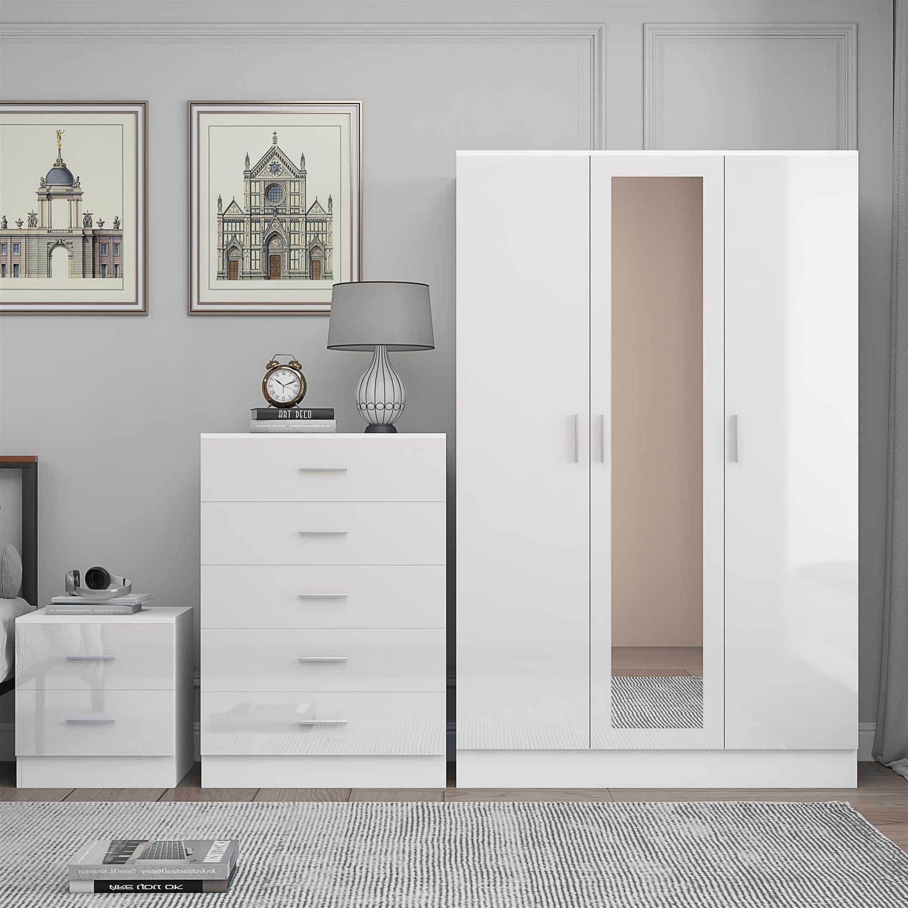 REFLECT Gloss 3pc Set - 3 Door Mirrored Wardrobe + 5 Draw Chest + Bedside