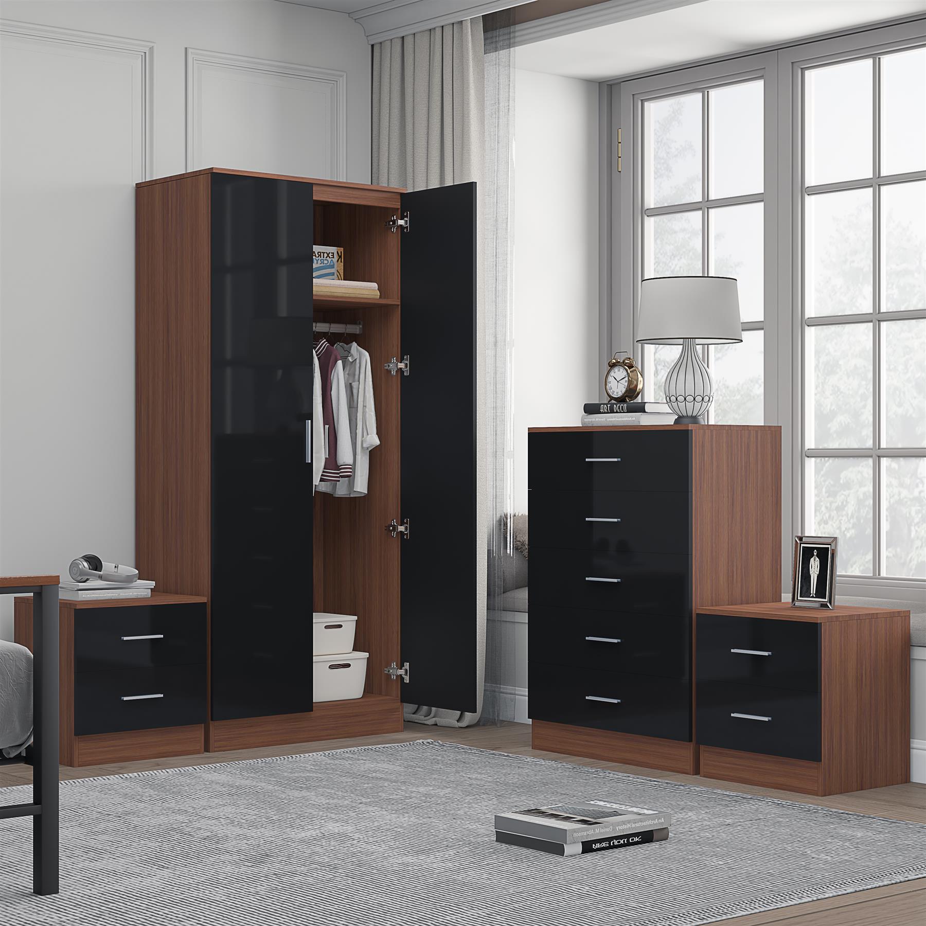 Reflect 2 Door Mirror Wardrobe, 5 Drawer Chest, 2x 2 Drawer Bedsides - Black Gloss & Walnut - Modern Bedroom Furniture Set