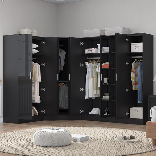Reflect 4pc Wardrobe Bundle - 2 Door Corner + 3 Door Mirror + 2dr + 1dr Plain - Black Gloss & Black Oak
