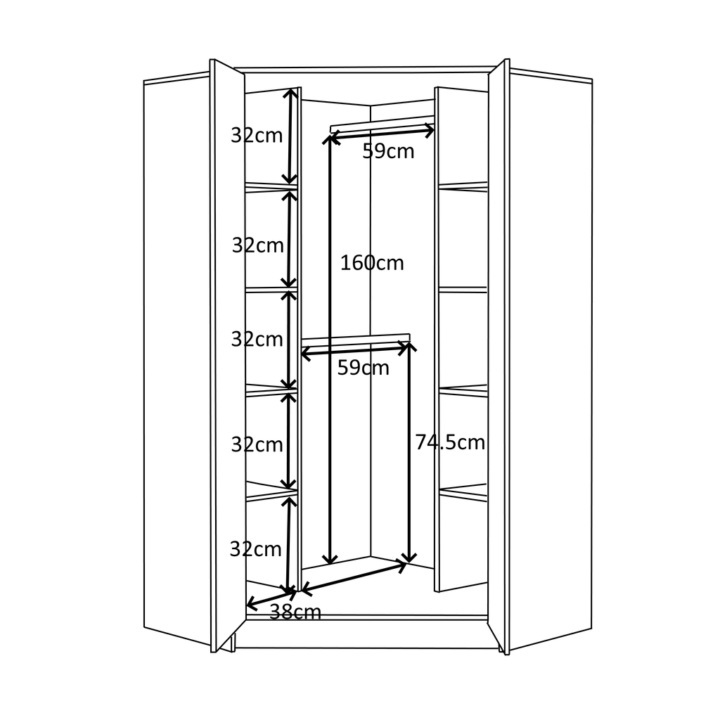 2 Door Corner Wardrobe - White Gloss/Matt White REFLECT