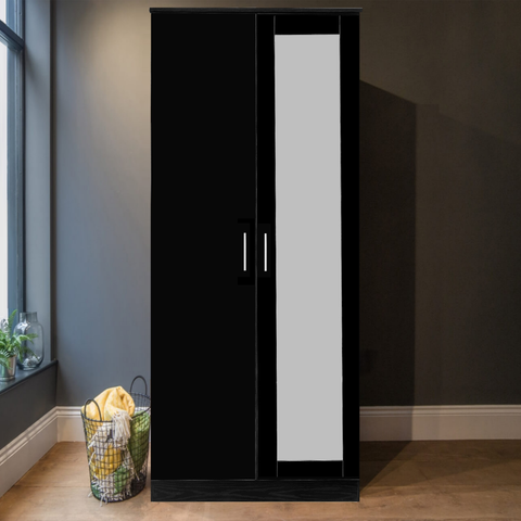 2 Door Mirrored Wardrobe - Black Gloss/Black Oak REFLECT