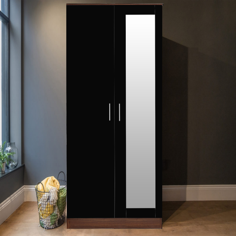 2 Door Mirrored Wardrobe - Black Gloss/Walnut REFLECT