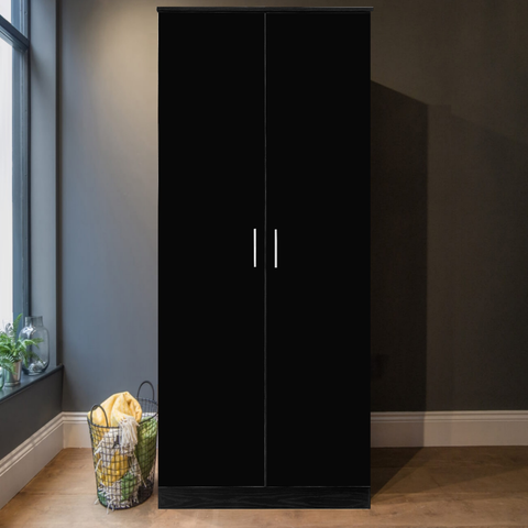 2 Door Plain Wardrobe - Black Gloss/Black Oak REFLECT