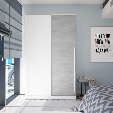 TOP 2 Door Sliding Wardrobe (120cm) - White & Grey Concrete Effect