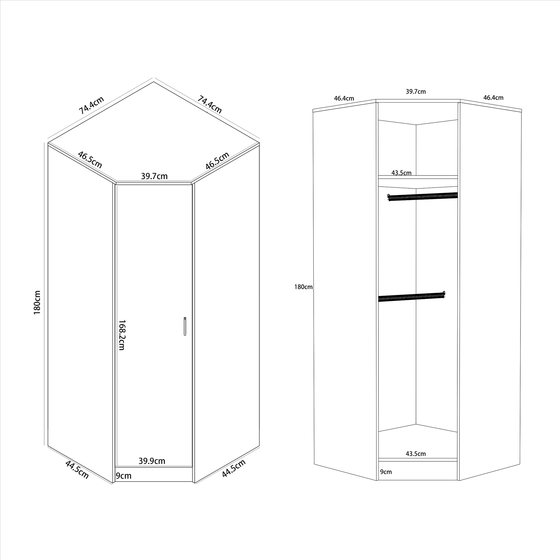 Reflect 1 Door Corner Wardrobe - White Gloss & Matt White - 2 Hanging Rails & 8 Shelves - H: 180cm x W: 74.4cm - Modern Design