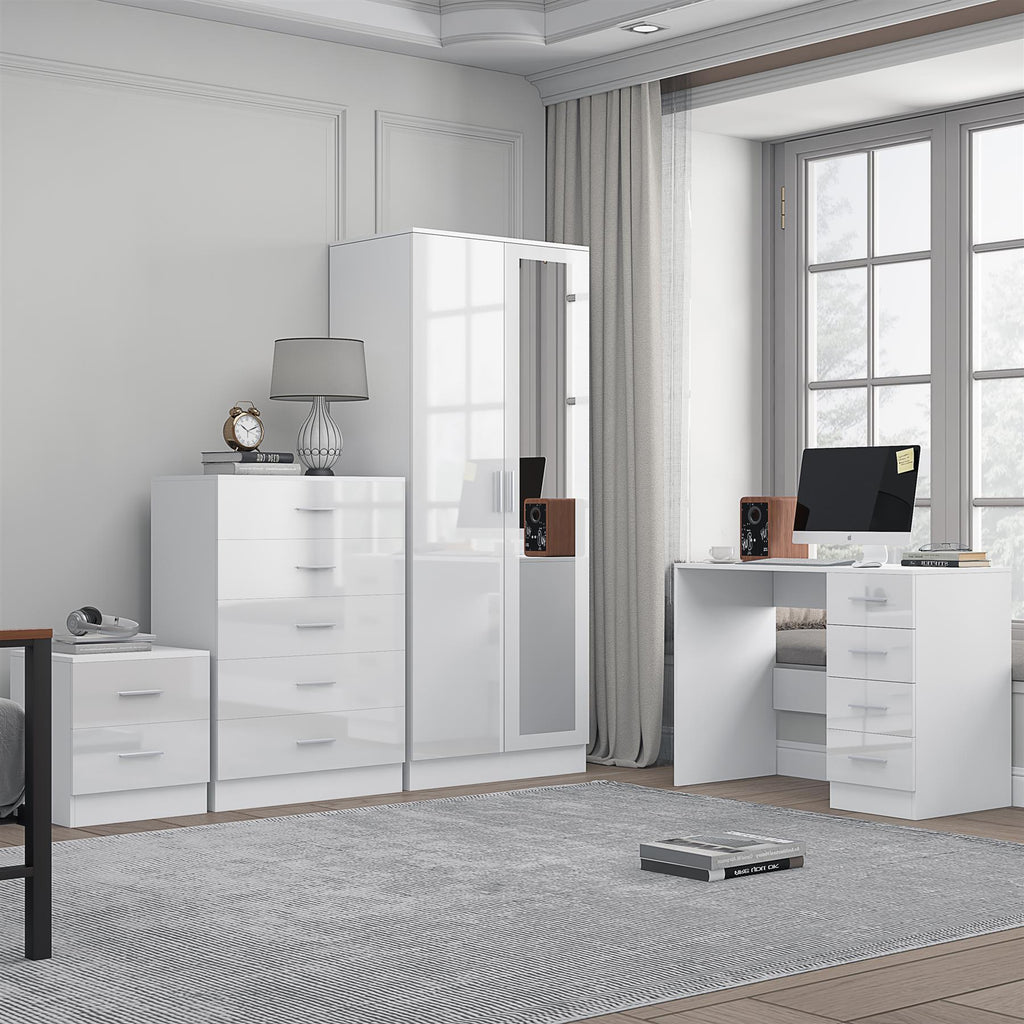 Reflect 2 Door Mirror Wardrobe, 5 Drawer Chest, 2 Drawer Bedside & Desk - White Gloss & Matt White - Modern Bedroom Furniture Set