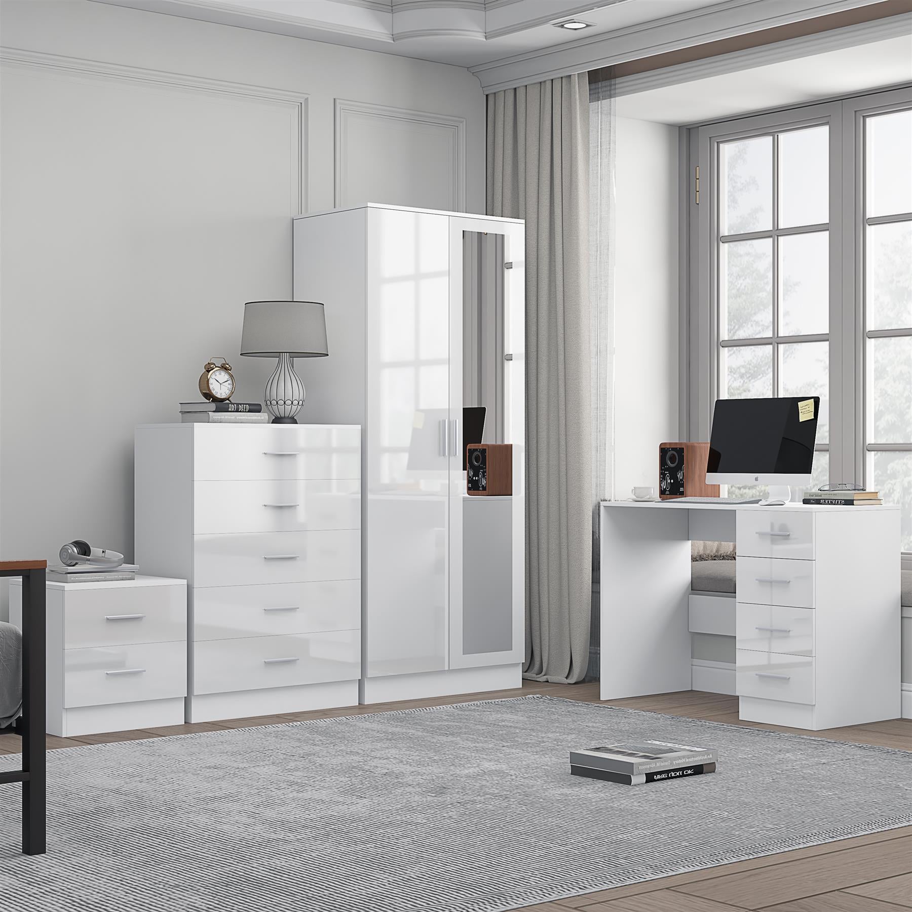 Reflect 2 Door Mirror Wardrobe, 5 Drawer Chest, 2 Drawer Bedside & Desk - White Gloss & Matt White - Modern Bedroom Furniture Set