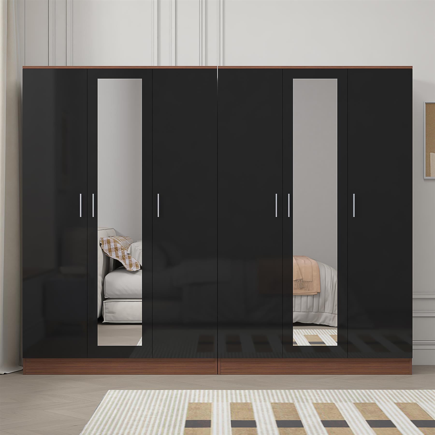 Reflect 2pc Wardrobe Bundle - 3 Door Mirror + 3 Door Mirror - Black Gloss & Walnut