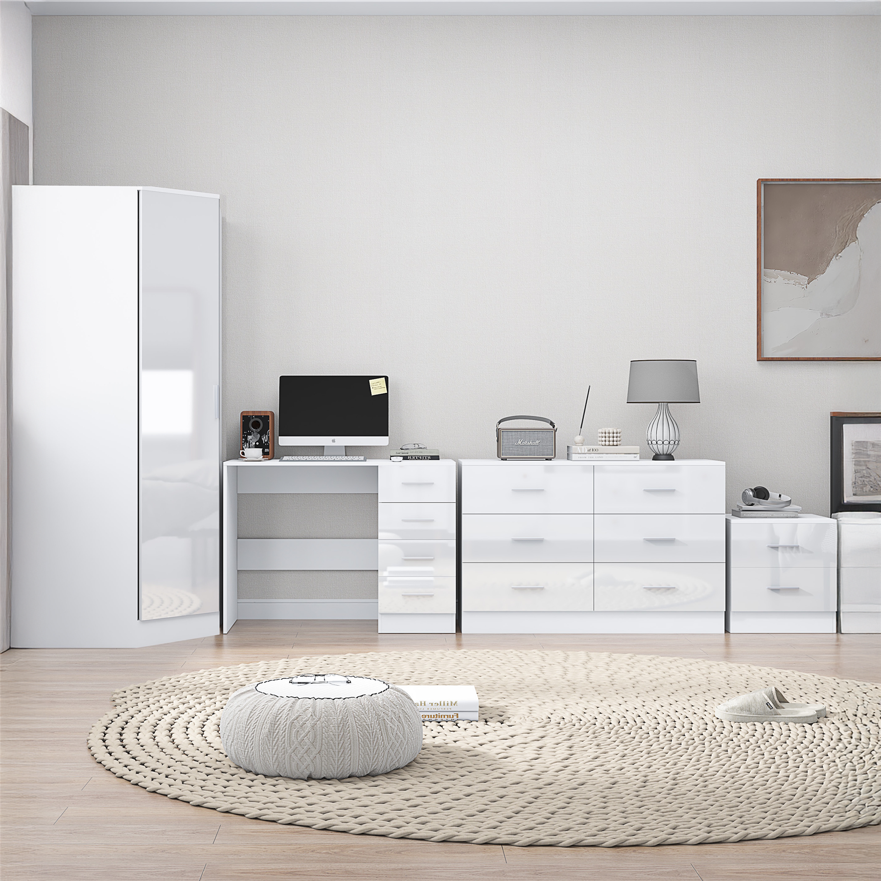 REFLECT - 1 Door Corner + 6 Drawer Chest + 2 Drawer Bedside + 4 Drawer Desk in Gloss White / Matt White