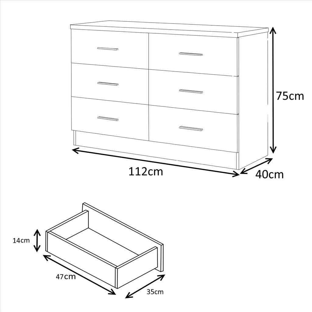 Reflect 2 Door Sliding Wardrobe, 6 Drawer Wide Chest, 3 Drawer Bedside - Black Gloss & Walnut - Modern Bedroom Furniture Set