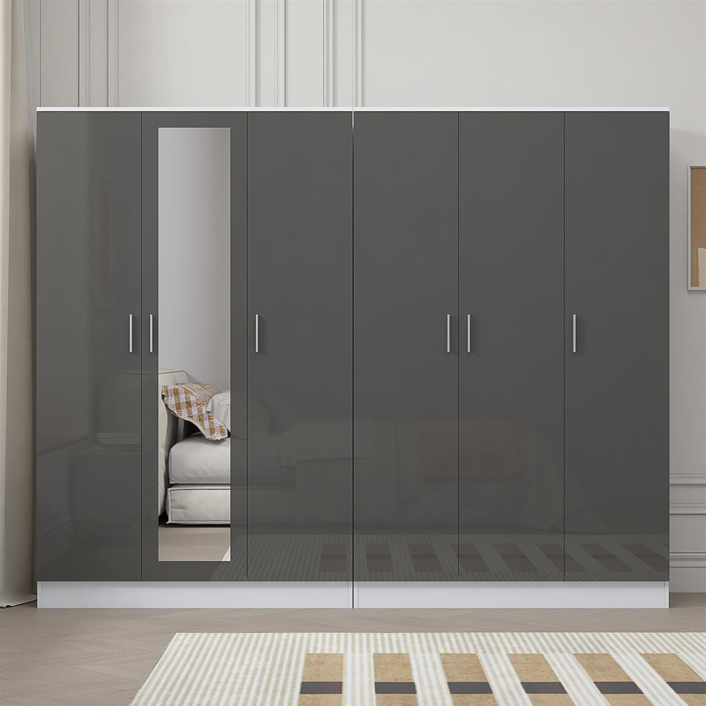 REFLECT - 3 Door MIRROR + 3 Door PLAIN Wardrobe - Gloss Grey / Matt White
