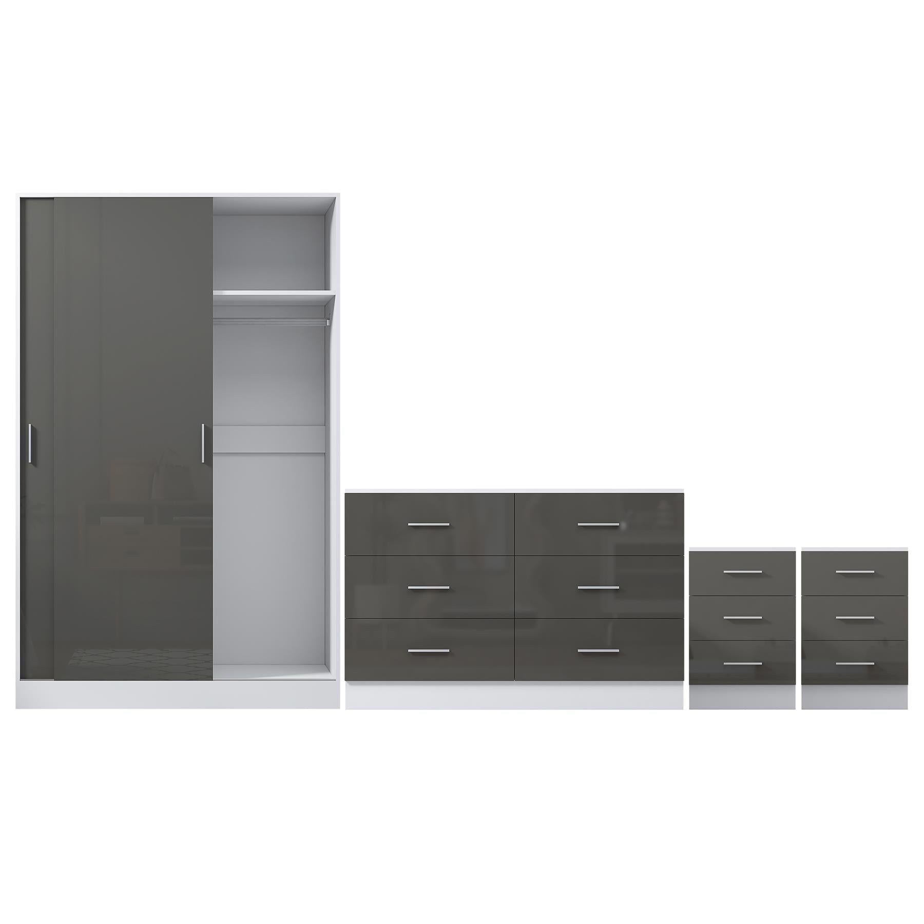 Reflect 2 Door Sliding Wardrobe, 6 Drawer Wide Chest, 2x3 Drawer Bedsides - Grey Gloss & Matt White - Modern Bedroom Furniture Set