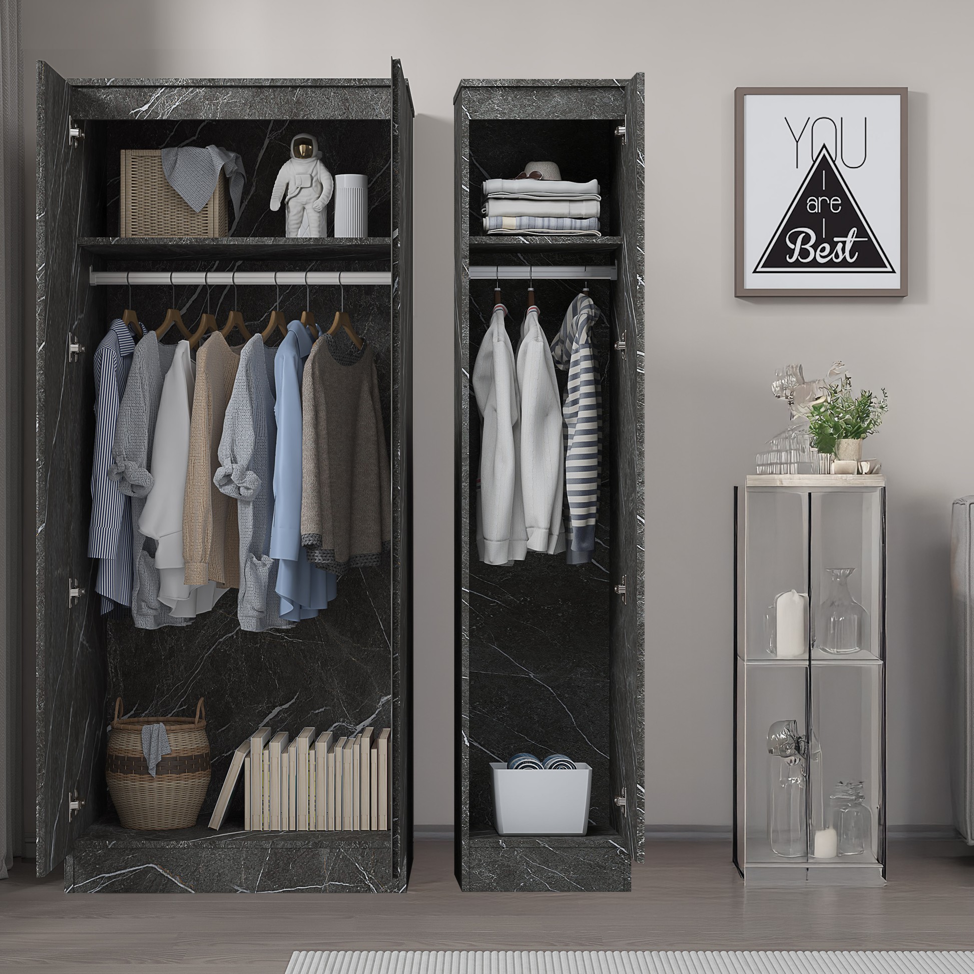 2pc grey marble wardrobe set 2 door 1 door