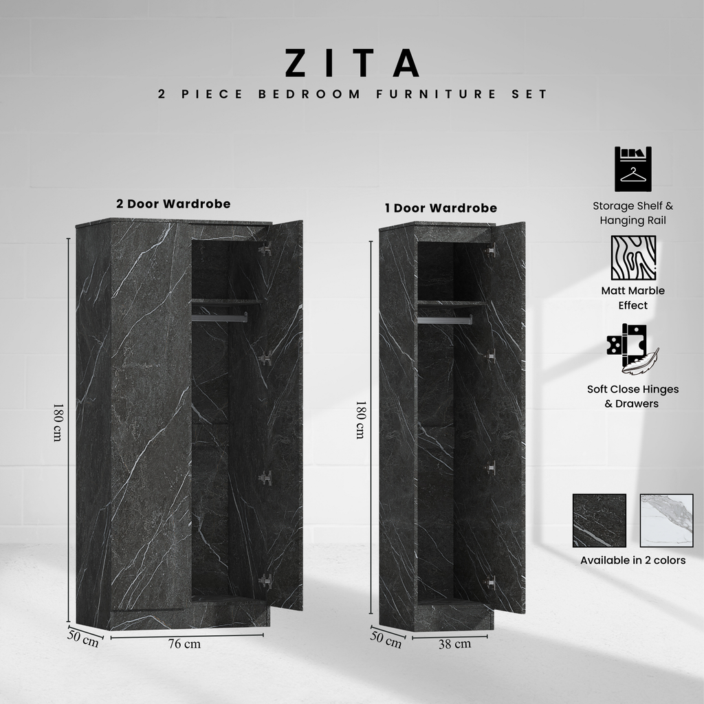 2pc grey marble wardrobe set 2 door 1 door